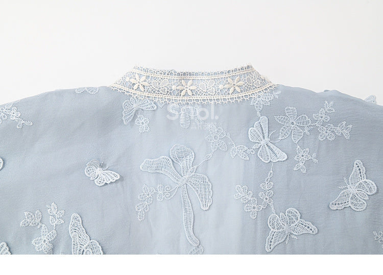 Butterfly Design Blue Floral Embroidery Long Sleeves Top Tassels Hem