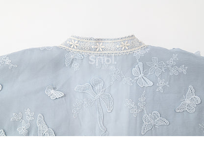 Butterfly Design Blue Floral Embroidery Long Sleeves Top Tassels Hem