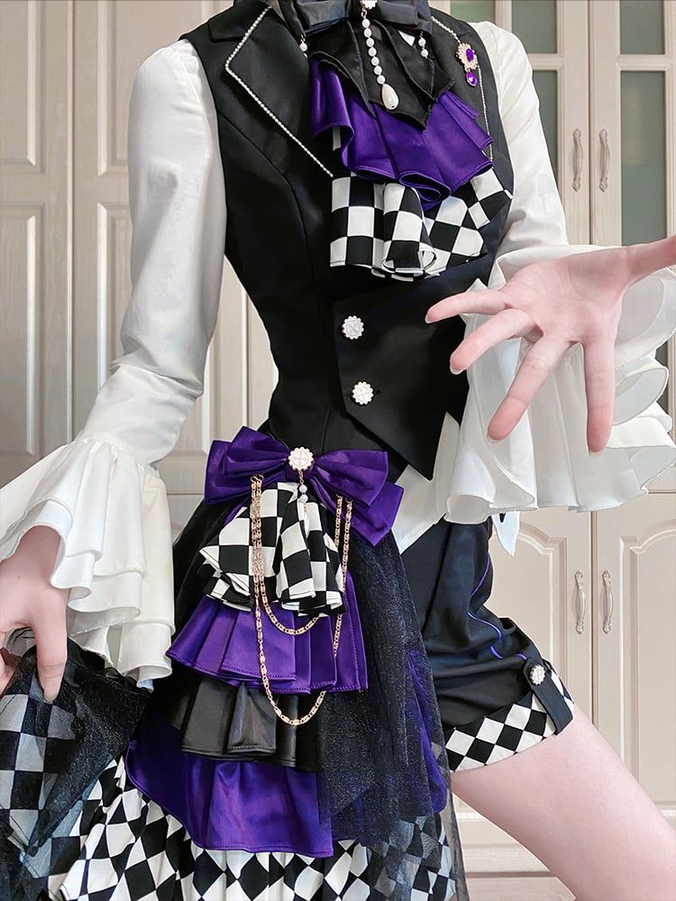 Black Foldover Collar Curved Hem Prince Style Ouji Lolita Waistcoat with Free Brooch