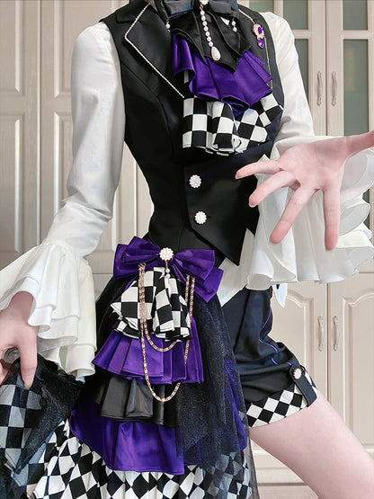Black Foldover Collar Curved Hem Prince Style Ouji Lolita Waistcoat with Free Brooch