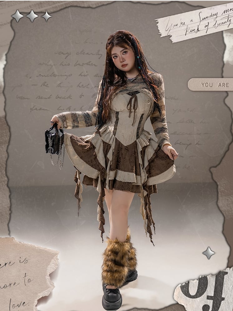 Plus Size Basque Waist Cascading Ruffles Distressed Holes Wasteland Punk Brown Cami Dress