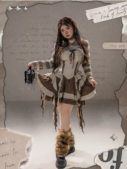 Plus Size Basque Waist Cascading Ruffles Distressed Holes Wasteland Punk Brown Cami Dress