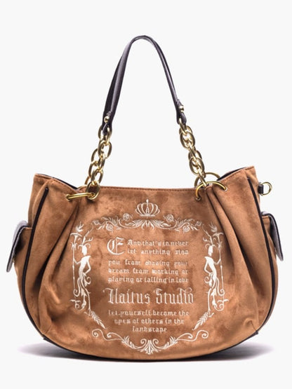 Vintage Brown Gothic Lettering Embroidered Tote Bag with Large Capacity