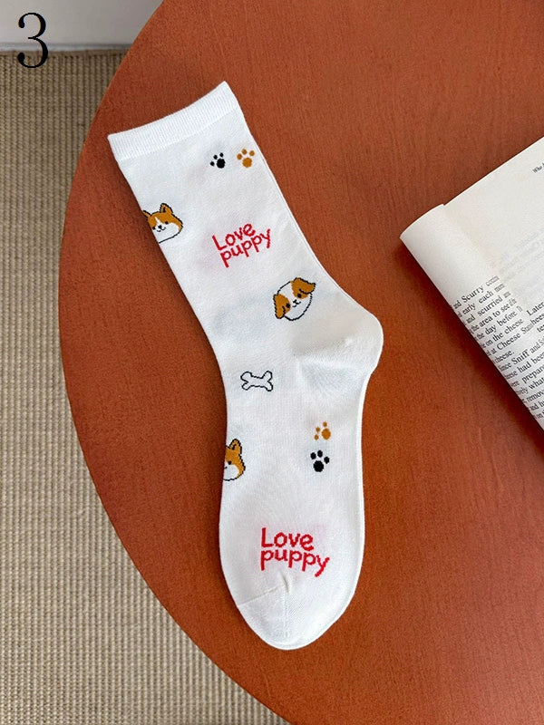 White Calf Socks With Sheep/Capy Bara/Puppy/Kitty/Bunny Patterns