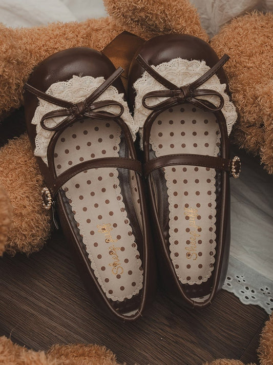 Chocolate Brown Knotted Bow Accent Lace Trim 2.2CM/4.3CM Heels Round Toe Mary Janes