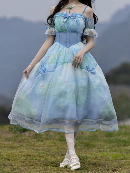 Oil Painting Water Lily Print Basque Waist Sky Blue Dress with Organza Overlay