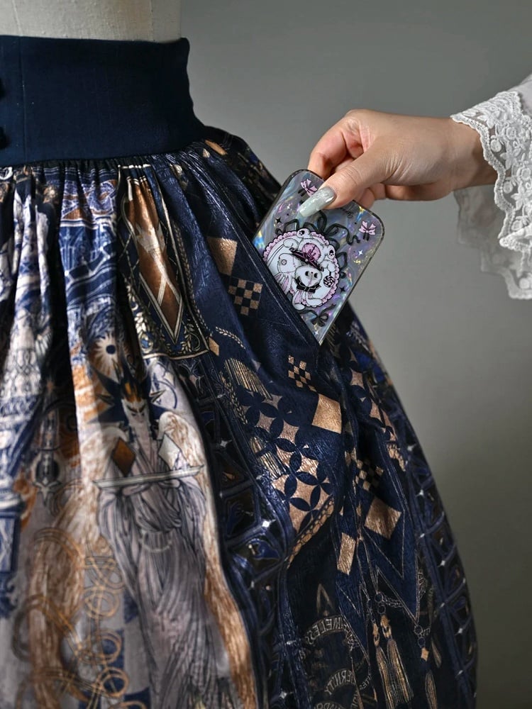 Dark Blue Corset Belt Waist Chess Theme Print Lolita Skirt