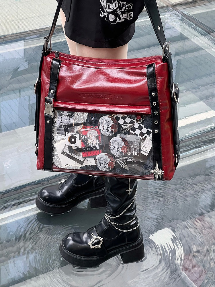 Red & Black Stud Detail Buckle Strap Ita Bag