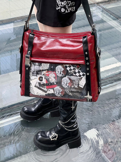 Red & Black Stud Detail Buckle Strap Ita Bag