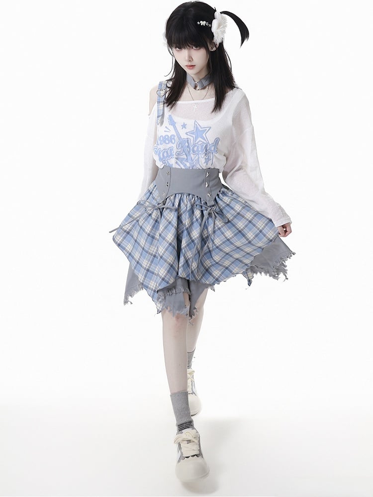 Frayed Handkerchief Hem Blue & White /Black & White Plaid Skirt