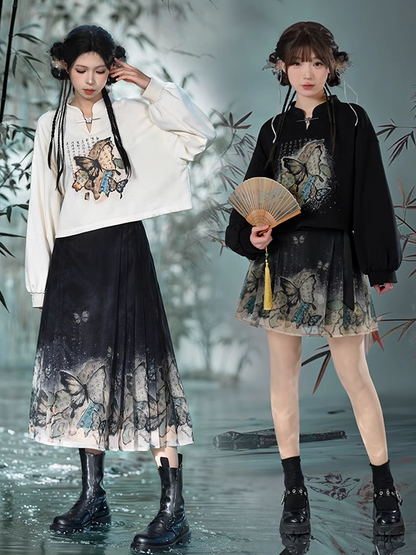 Cheongsam Style Butterfly Print Black/Apricot Banded Collar Sweatshirt
