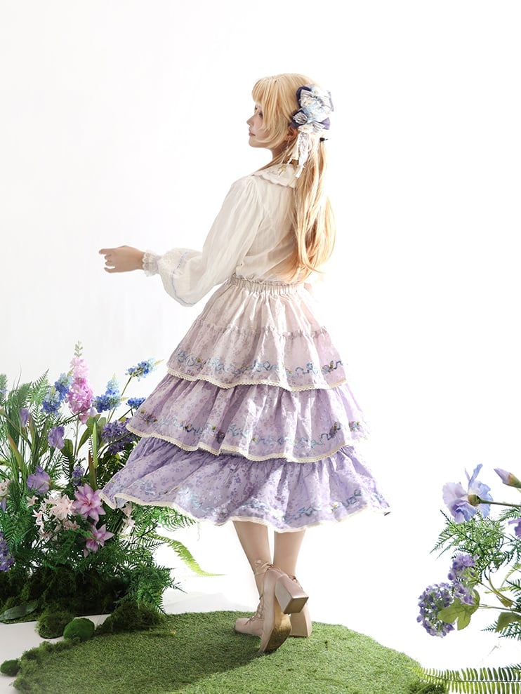 Ombre Violet Delicate Iris Embroidery Tiered Skirt