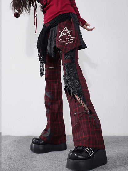Lace-up Detail Red and Black Plaid Punk Rock Cutout Pants
