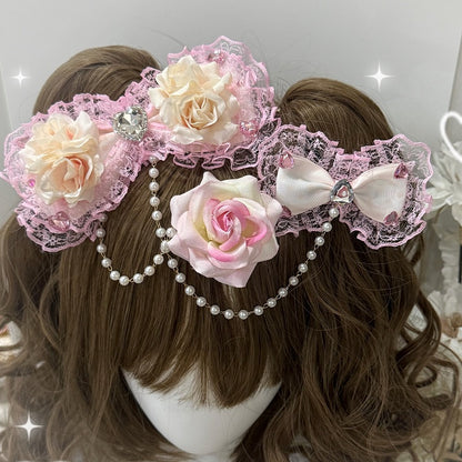 Three Pink/Black&Pink/Pink&Bege Rhinestone Heart Decorated Floral Design Bead Chain Bowknot Hairclips