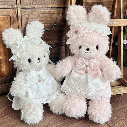 Pink Sweet Lolita Plush Bunny Bag - 3-Way Carry with Detachable Bow & Dress for Bunny