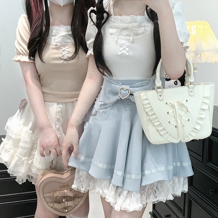 Jirai Kei Lace Trim Beaded Heart Decorated Big Bow Lace-up Back Black/Light Blue Skirt