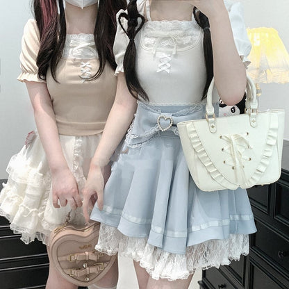 Jirai Kei Lace Trim Beaded Heart Decorated Big Bow Lace-up Back Black/Light Blue Skirt