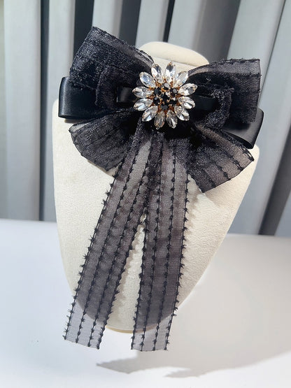 Black/Pink Preppy Style Rhinestone Decorated Bow Tie/Brooch