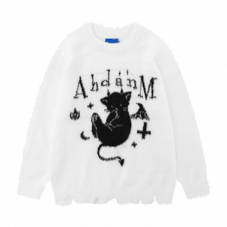 Black/White Plush Sweater with Devil Kitten Design and Distress Trim