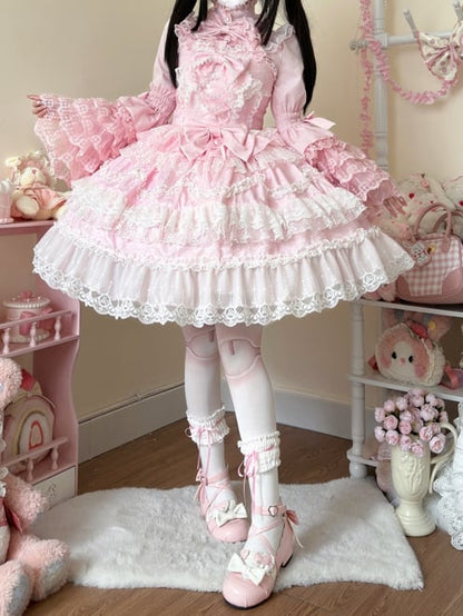 White Lace Trims Pink Bows Decorated Hanayome Dress Lolita Jumper Skirt