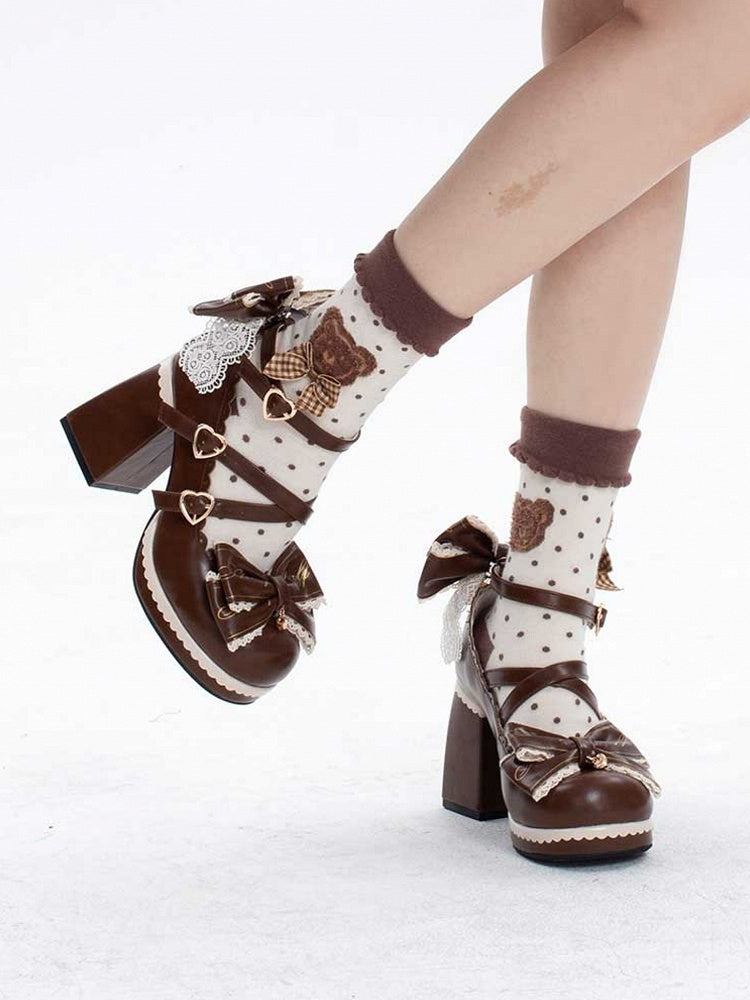 Brown Crisscross Design Heart Buckles Detachable Bow at Top High Block Heels
