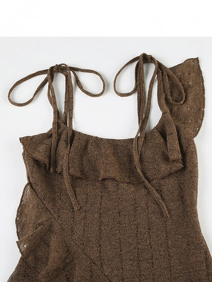 Brown Millard Fashion Asymmetrical Hem Cami Dress + Bell Sleeves Cardigan + White Asymmetrical Hem Skirt