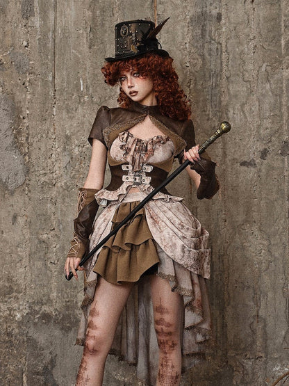 Brown Steampunk Open Bust PU Leather Banded Collar Top