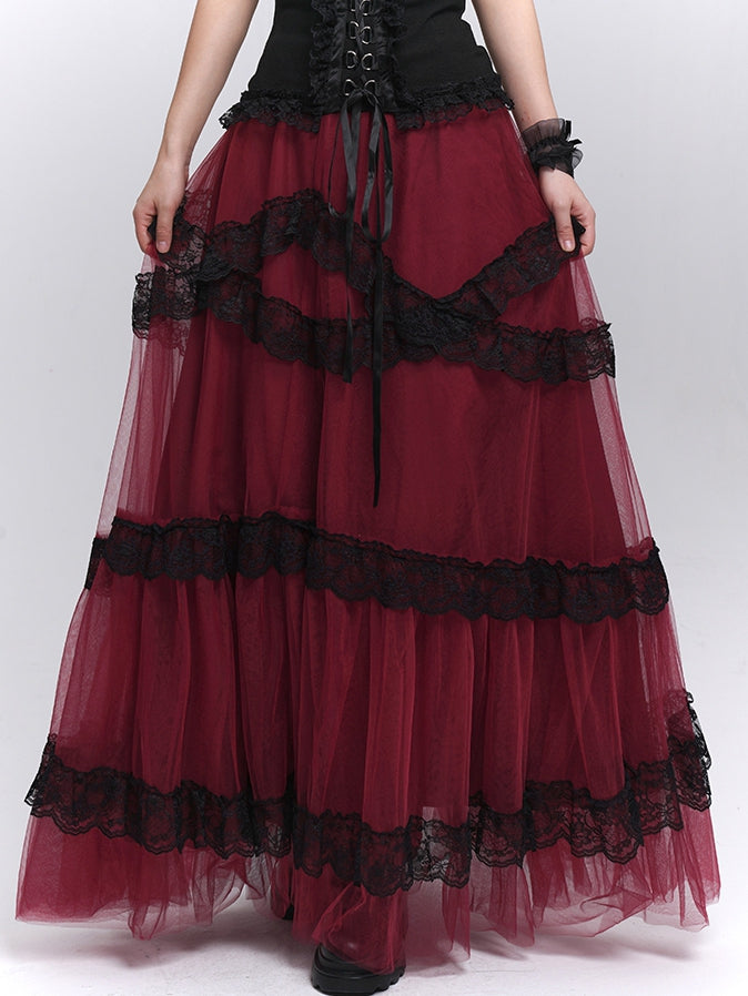 Contrast Black Lace Trim Wine Red Floor Length Mesh Skirt