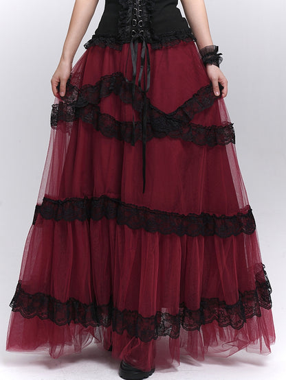 Contrast Black Lace Trim Wine Red Floor Length Mesh Skirt
