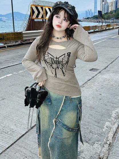 Plus Size Blue High-Slit Frayed Hem Wasteland Punk Denim Skirt Cargo Pockets Design