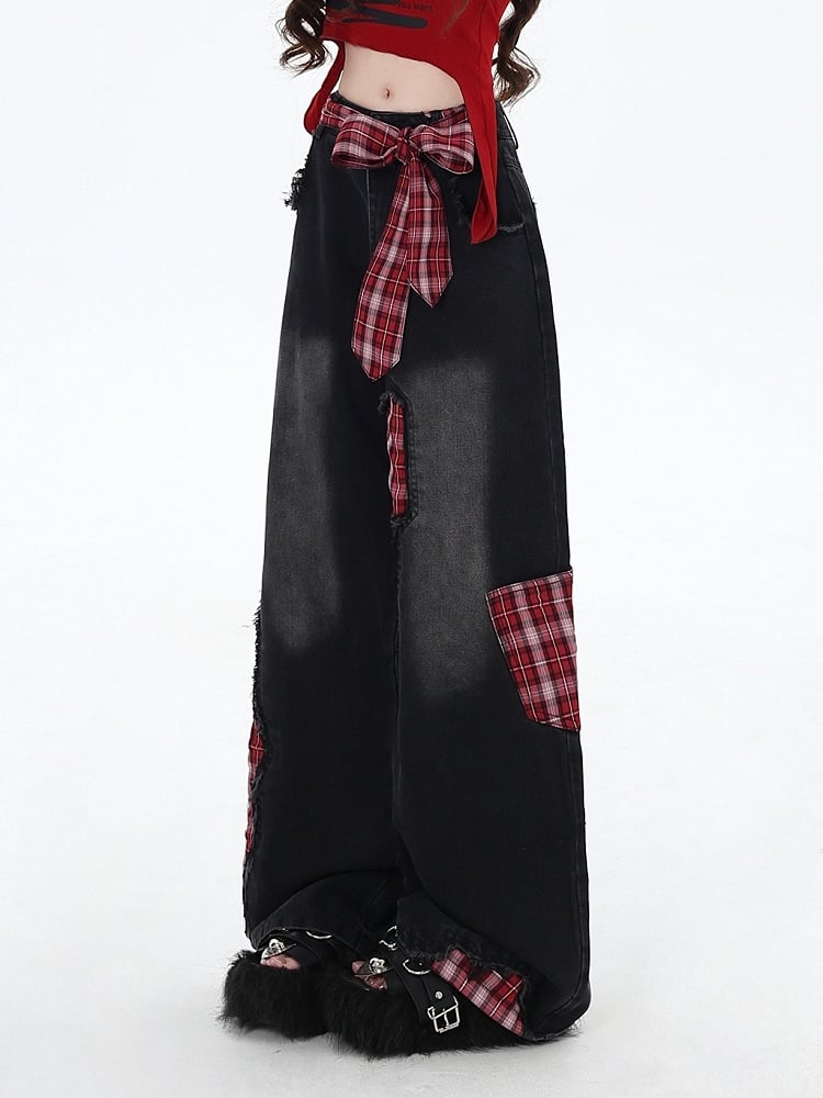 Red Plaid Bowknot Wide-leg Cut High Street Black Jeans