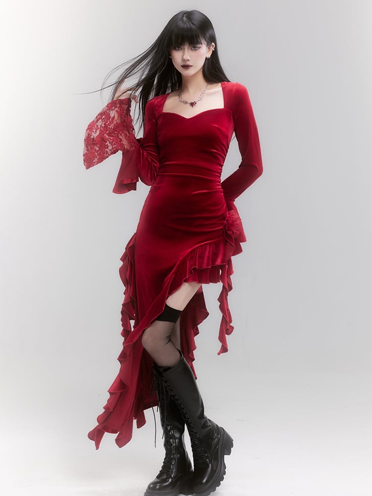Red Velvet Lace Bell Sleeves Asymmetrical Ruffle Hem Dress