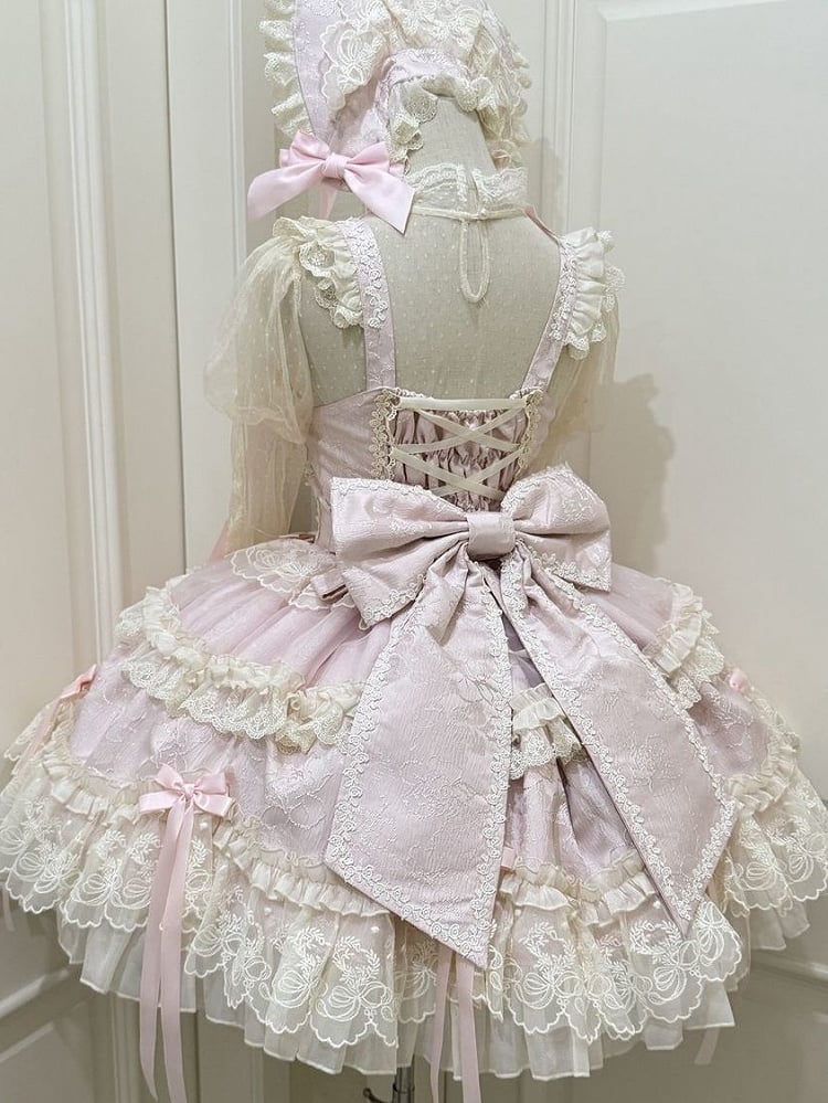 Pink Jacquard Fabric Sweet Bow Accents Dress Lolita Jumper Skirt