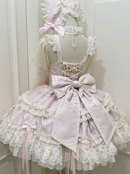 Pink Jacquard Fabric Sweet Bow Accents Dress Lolita Jumper Skirt