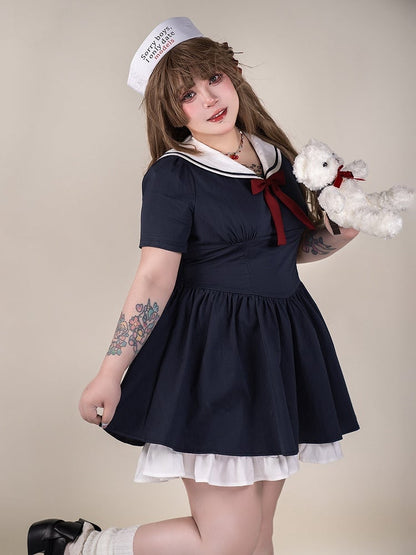Plus Size Blue Sailor Collar Basque Waist Summer Dress