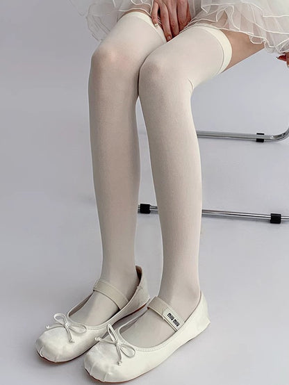 Black/White/Beige/Gray Ribbed Trim Over-knee Sockings