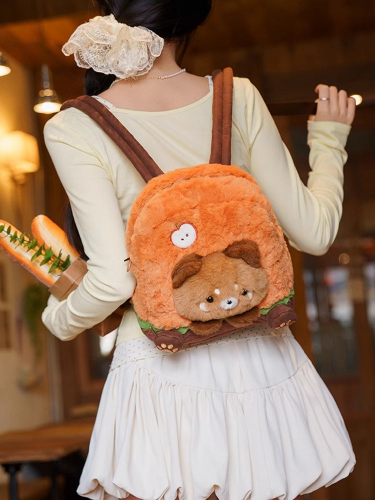 Brown&Orange Apple Design Cute Plush Hamburger Red Panda Backpack Middle/Large Size
