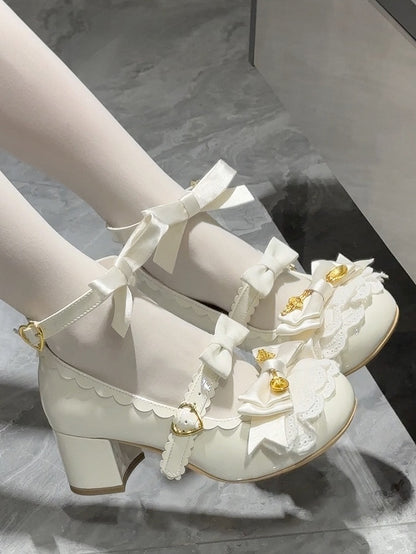 White Spoon Decorated Bowknot Details Sweet Lolita High Block Heels