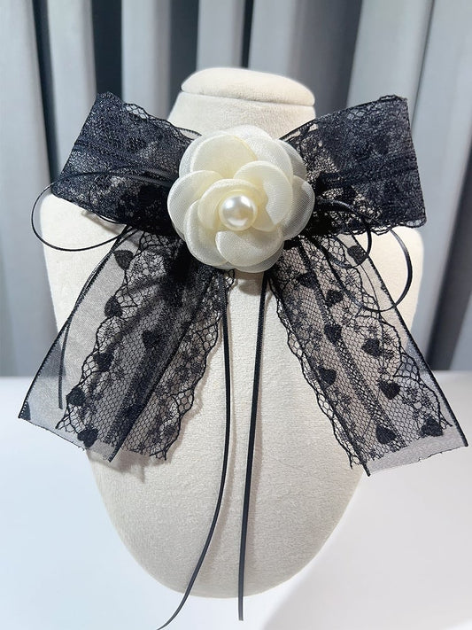 Black&White Beaded Decorated Camellia Design Bow Tie