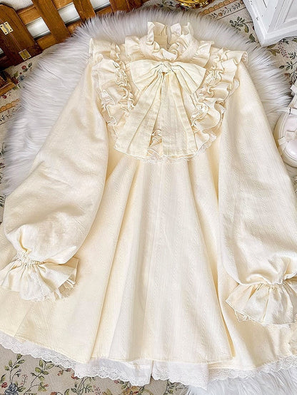Beige Big Bow Ruffled High Neck Sweet Lolita Long Sleeves Cotton Dress