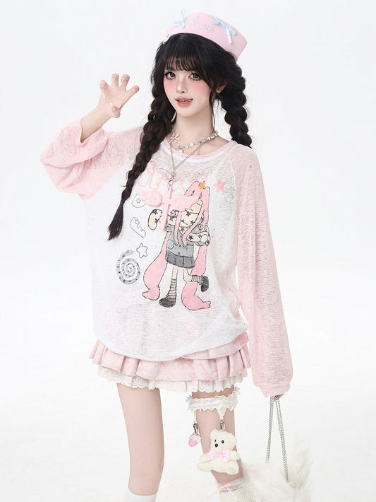 Cartoon Girl Print Black/Pink/Blue Colorblock Design Semi-sheer Coverup