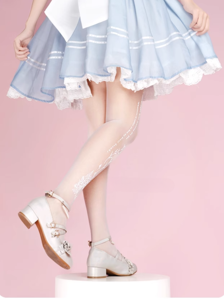 White Semi-sheer Rosette Print Lolita Tights