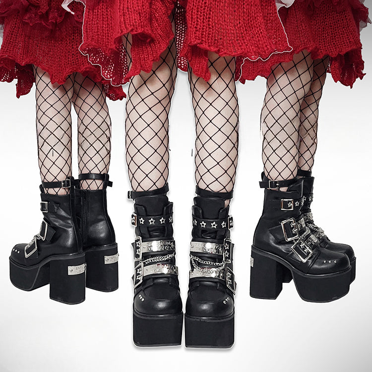 Black Punk Rectangle Metal Plates Buckle Straps Platform High Block Heels with Studs and Chain