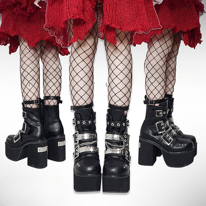Black Punk Rectangle Metal Plates Buckle Straps Platform High Block Heels with Studs and Chain