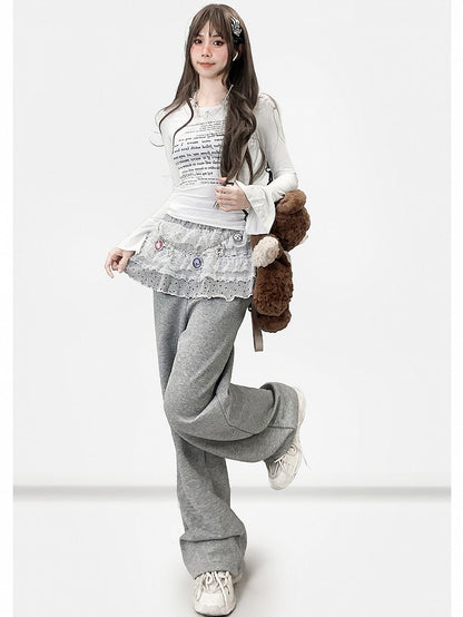 Gray Y2K Bittersweet Wide-leg Cut Pants + Polka-dot Pattern Lace Trim Tiered Skirt