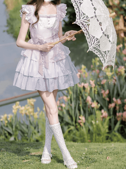 Sweet Lavender Flutter Sleeves Dress Tiered Skirt with Floral Brooch and Waist Belt