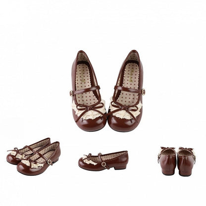 Dark Brown Knotted Bow Accent Lace Trim 2.2CM Heels Round Toe Mary Janes