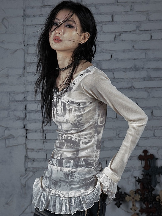 Black&Gray/Beige Wasteland Punk Star And Studs Decorated Lace Trim T-shirt