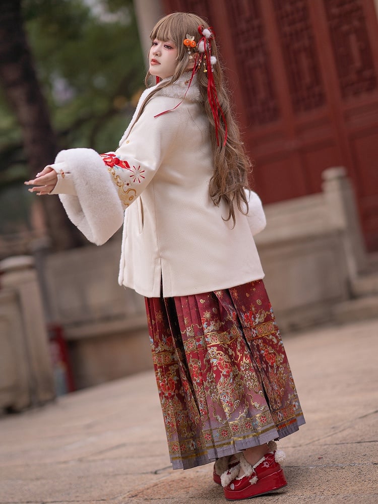 Plus Size New Year White Embroidered Coat with Plush Collar and Cuffs