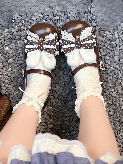 Sweet Brown Lolita Mary Jane Shoes with Bunny Ears & Pom Pom Tail